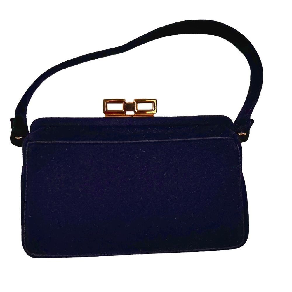 Vintage 1950s Mel-Ton Navy Blue Wool Handbag Gold Brass Clasp Purse